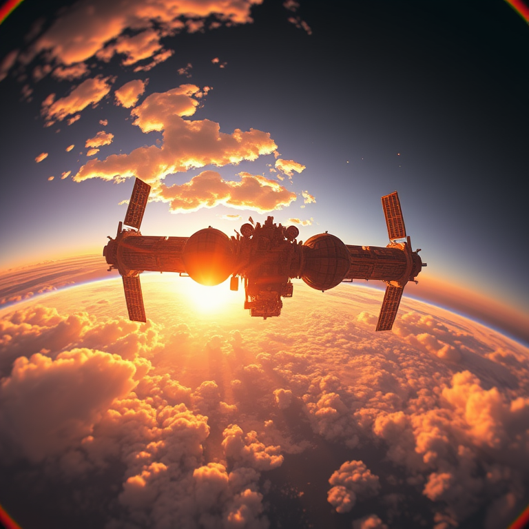 retro vintage photo, a space station orbiting Earth, at sunrise, with dramatic cloud formations, golden warm palette, fish-eye lens, backlit with sun flare, photorealistic, whimsical and playful