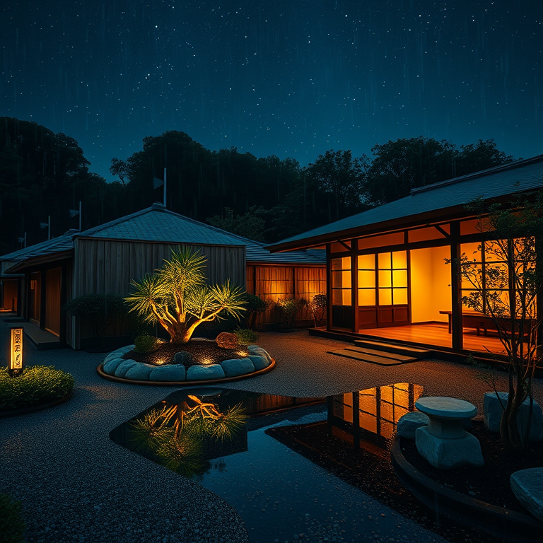 minimalist design, a Japanese zen garden, at night under stars, with rain reflections, warm tones, low angle dramatic perspective, dramatic side lighting, 8K UHD, romantic and dreamy