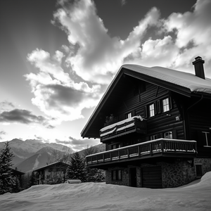 abstract art, a Swiss chalet in winter, during twilight, with dramatic cloud formations, monochrome black and white, macro extreme close-up, volumetric light rays, sharp focus, romantic and dreamy