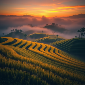 anime style, a terraced rice paddy in Bali, during twilight, with fog rolling in, golden warm palette, telephoto compression, rim lighting, highly detailed, peaceful and serene