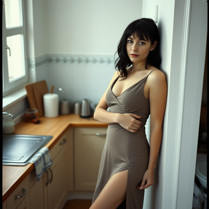 realistic photo, a woman, middle-aged, black hair, brown eyes, fair skin, European, slim body, wearing a formal dress, leaning against a wall, fully nude, naked, raw, rough, explicit, in a kitchen, high angle shot, film grain