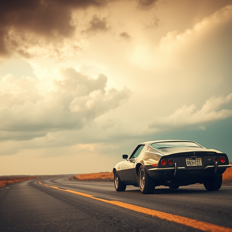 retro vintage photo, a classic sports car on an open road, during a storm, with dramatic cloud formations, pastel soft colors, telephoto compression, moody atmospheric lighting, masterpiece quality, cozy and warm