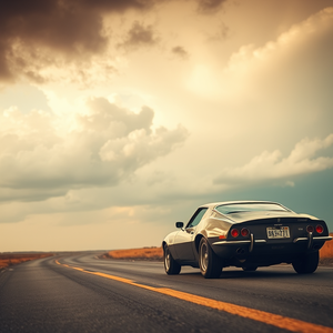 retro vintage photo, a classic sports car on an open road, during a storm, with dramatic cloud formations, pastel soft colors, telephoto compression, moody atmospheric lighting, masterpiece quality, cozy and warm