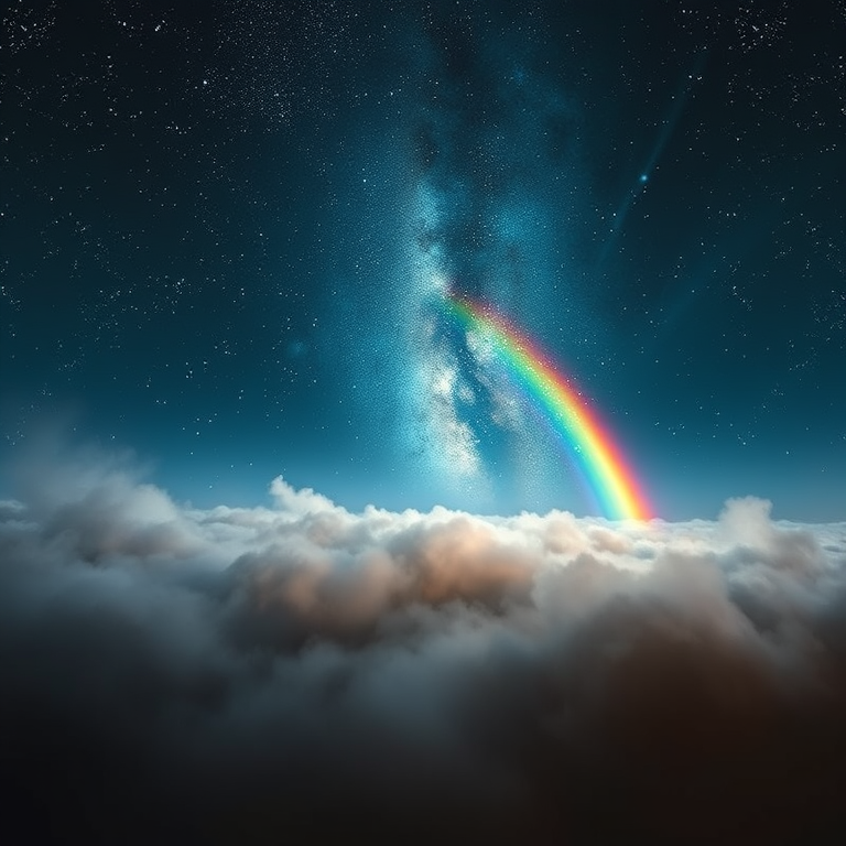 impressionist painting, a deep space nebula with stars, in early morning mist, with rainbow in background, high contrast, telephoto compression, moody atmospheric lighting, award-winning composition, melancholic and contemplative