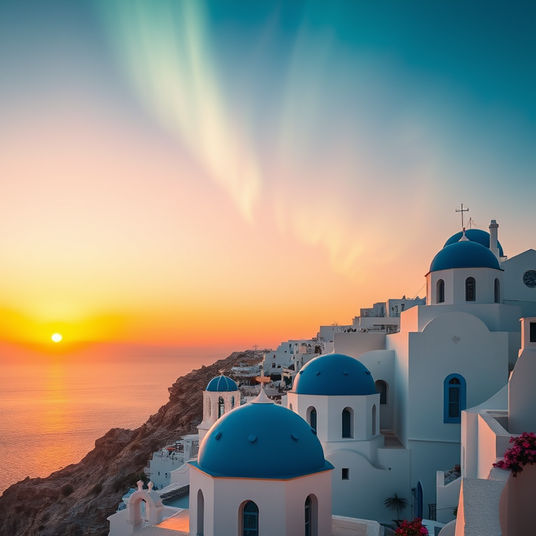 cinematic shot, a Greek island with white buildings and blue domes, at sunset, with aurora in sky, vibrant saturated colors, macro extreme close-up, studio quality lighting, 8K UHD, romantic and dreamy