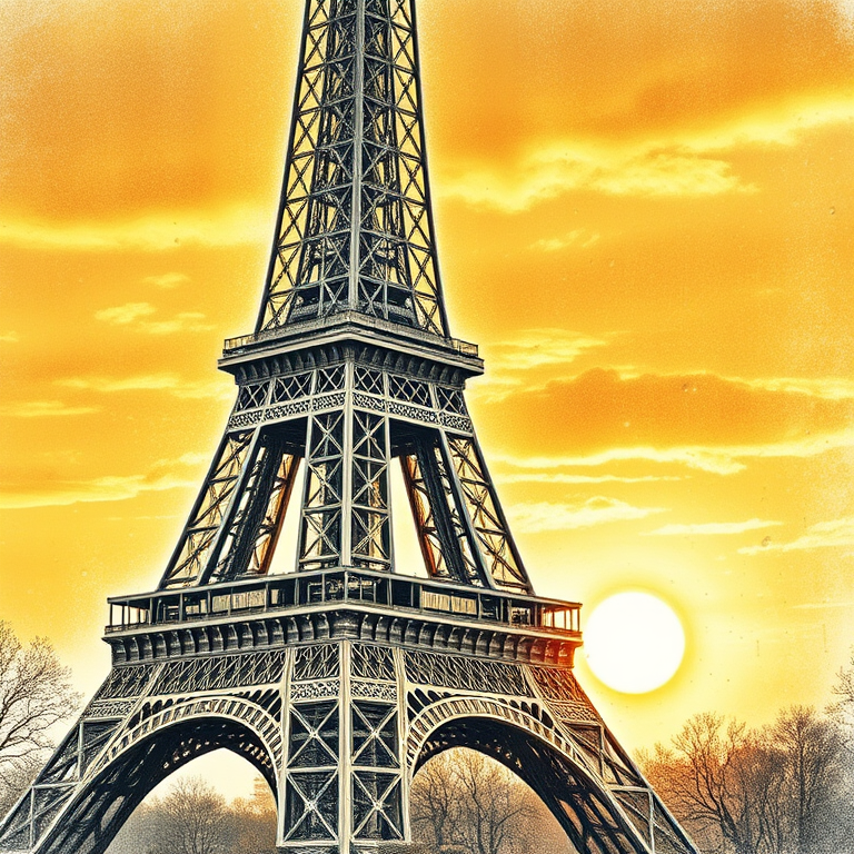 pencil sketch, Paris Eiffel Tower at golden hour, at sunrise, with rain reflections, golden warm palette, close-up detail shot, natural light, photorealistic, cozy and warm