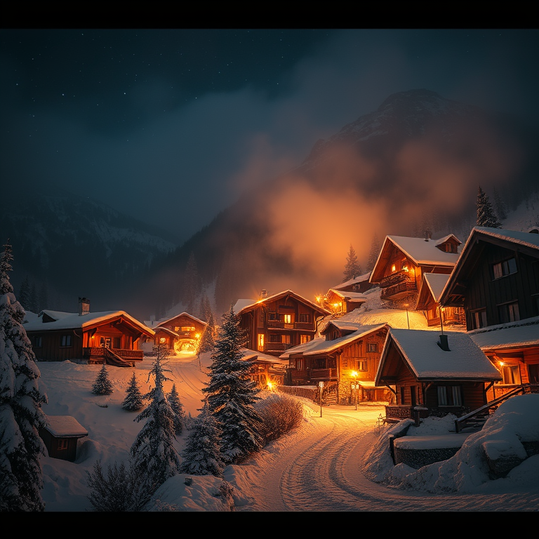 cinematic shot, a snowy alpine village, at night under stars, with misty atmosphere, warm tones, low angle dramatic perspective, natural light, professional photography, energetic and vibrant