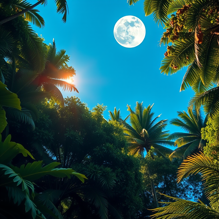 hyper-realistic render, a tropical rainforest canopy, under a full moon, with clear blue sky, vibrant saturated colors, bird eye view, rim lighting, ultra high resolution, whimsical and playful
