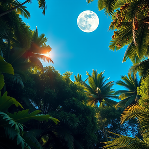 hyper-realistic render, a tropical rainforest canopy, under a full moon, with clear blue sky, vibrant saturated colors, bird eye view, rim lighting, ultra high resolution, whimsical and playful