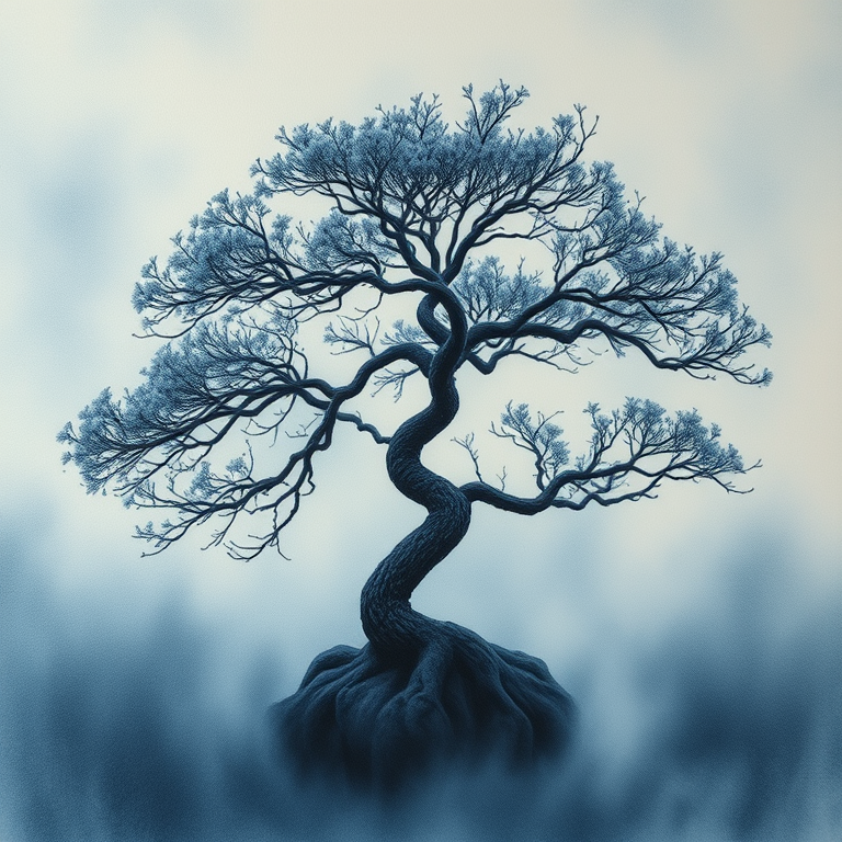charcoal drawing, a bonsai tree close-up, in early morning mist, with fog rolling in, cool blue tones, bird eye view, soft diffused lighting, award-winning composition, mysterious and ethereal