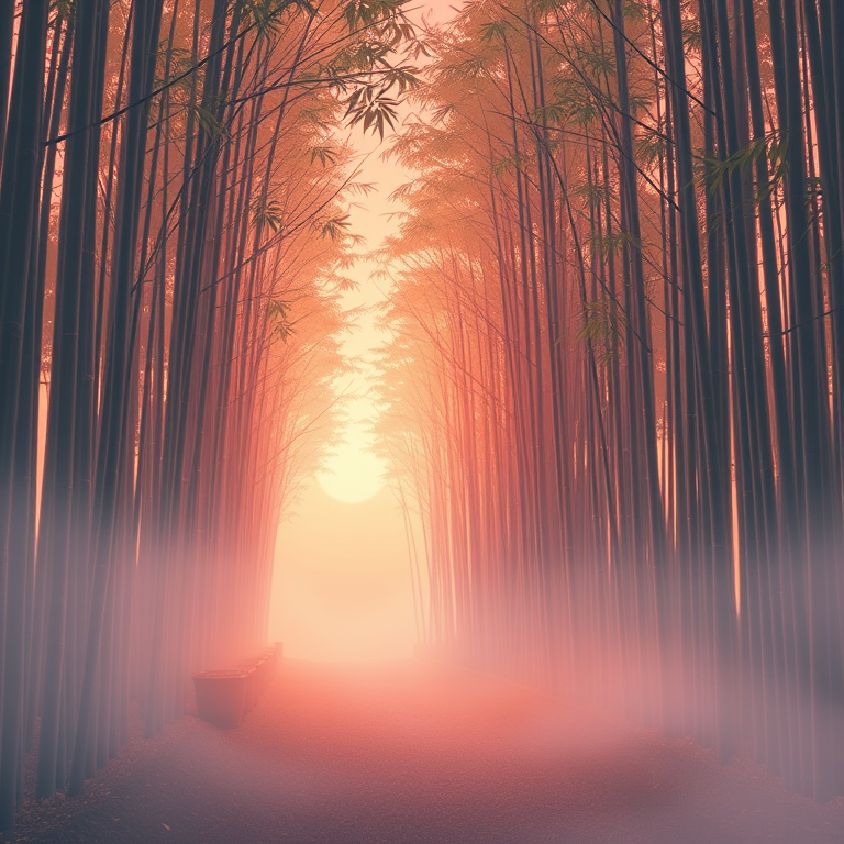 anime style, a bamboo forest path, at sunset, with fog rolling in, pastel soft colors, wide angle view, studio quality lighting, RAW photo, cozy and warm