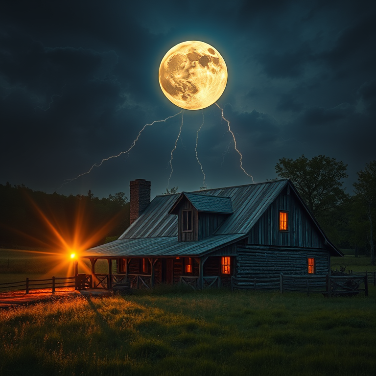 digital art, a rustic farmhouse at golden hour, under a full moon, with lightning in distance, vibrant saturated colors, telephoto compression, volumetric light rays, ultra high resolution, dark and moody