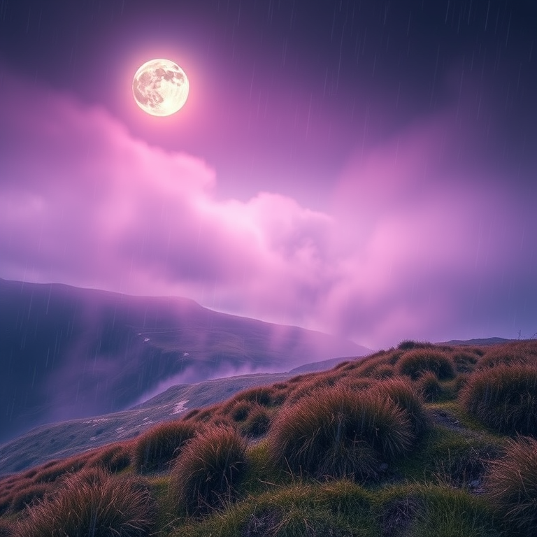 abstract art, a misty Scottish highland, under a full moon, with rain reflections, pastel soft colors, low angle dramatic perspective, neon glow, professional photography, awe-inspiring and grand
