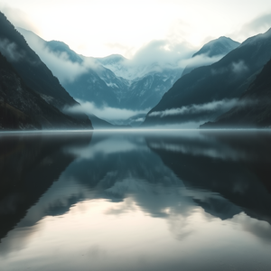 realistic photo, a serene lake reflecting mountains, at dawn, with misty atmosphere, warm tones, low angle dramatic perspective, natural light, masterpiece quality, melancholic and contemplative