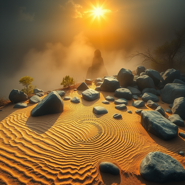 oil painting, a zen rock garden with raked sand, in early morning mist, with rainbow in background, golden warm palette, aerial drone perspective, studio quality lighting, award-winning composition, dark and moody