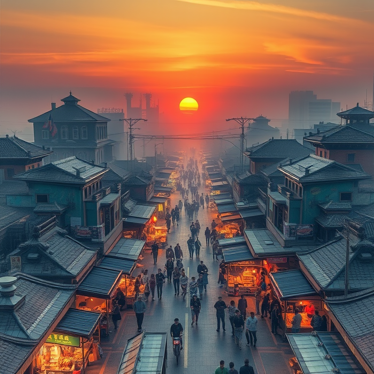 pencil sketch, a bustling street market in Asia, at sunset, with fog rolling in, pastel soft colors, aerial drone perspective, neon glow, masterpiece quality, awe-inspiring and grand