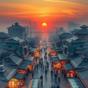 pencil sketch, a bustling street market in Asia, at sunset, with fog rolling in, pastel soft colors, aerial drone perspective, neon glow, masterpiece quality, awe-inspiring and grand