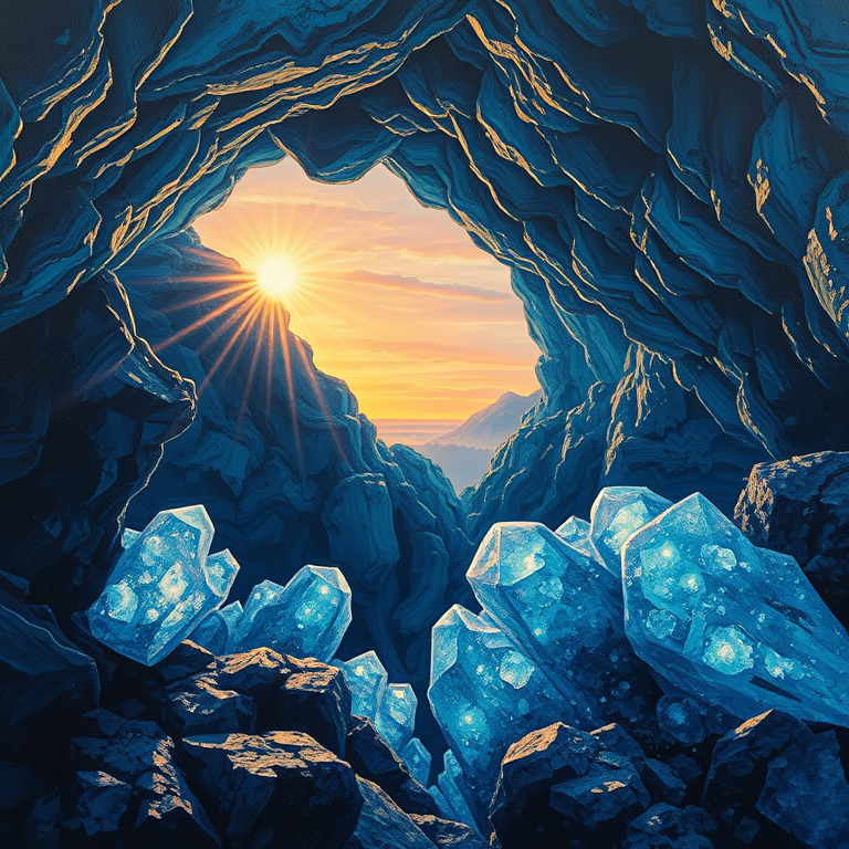 oil painting, a crystal cave with glowing minerals, at sunset, with rainbow in background, cool blue tones, low angle dramatic perspective, backlit with sun flare, highly detailed, energetic and vibrant