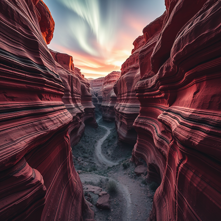 watercolor painting, a canyon with layered red rock, at sunset, with aurora in sky, monochrome black and white, low angle dramatic perspective, rim lighting, ultra high resolution, whimsical and playful