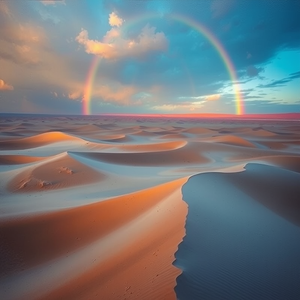 impressionist painting, a vast desert with sand dunes, during twilight, with rainbow in background, cool blue tones, bird eye view, studio quality lighting, award-winning composition, dramatic and powerful