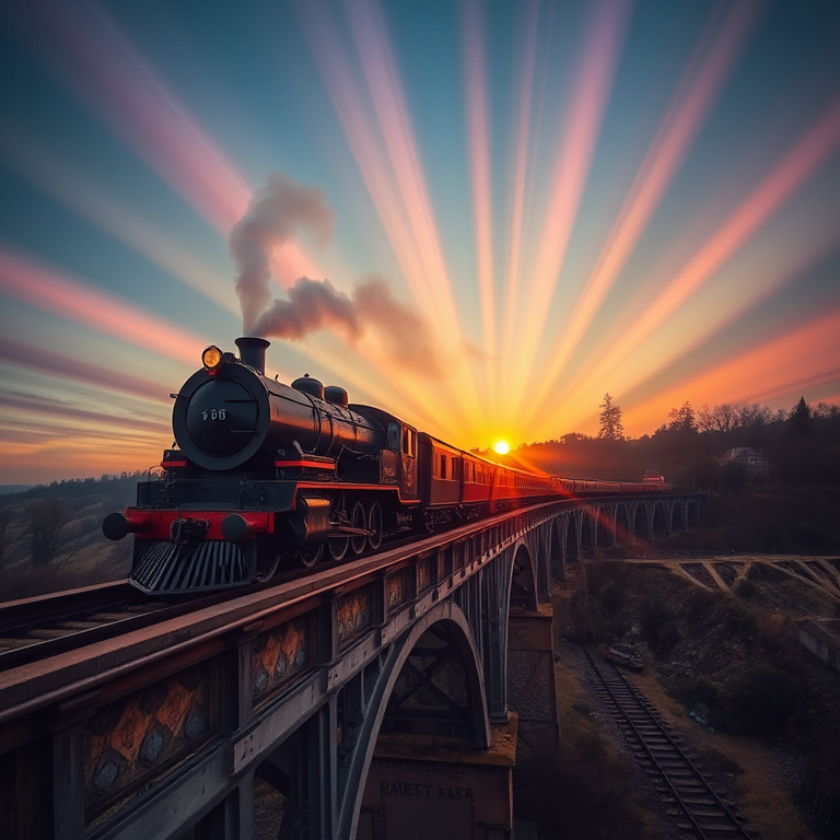 abstract art, a vintage steam train on a bridge, during twilight, with rainbow in background, vibrant saturated colors, bird eye view, volumetric light rays, professional photography, whimsical and playful