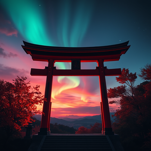 hyper-realistic render, a Japanese torii gate in autumn, during twilight, with aurora in sky, deep rich jewel tones, bird eye view, neon glow, masterpiece quality, awe-inspiring and grand