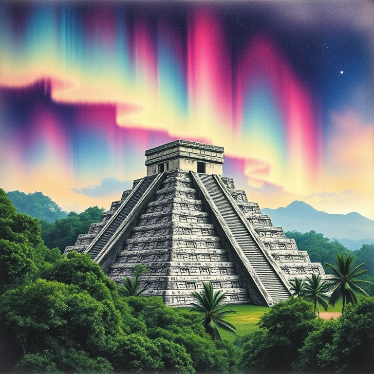 charcoal drawing, a Mayan pyramid in jungle, at midday, with aurora in sky, vibrant saturated colors, panoramic view, dramatic side lighting, RAW photo, cozy and warm