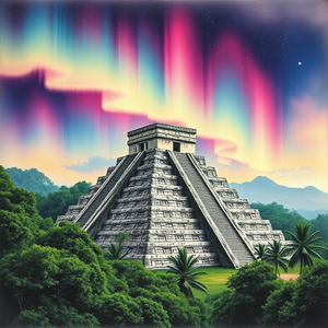 charcoal drawing, a Mayan pyramid in jungle, at midday, with aurora in sky, vibrant saturated colors, panoramic view, dramatic side lighting, RAW photo, cozy and warm
