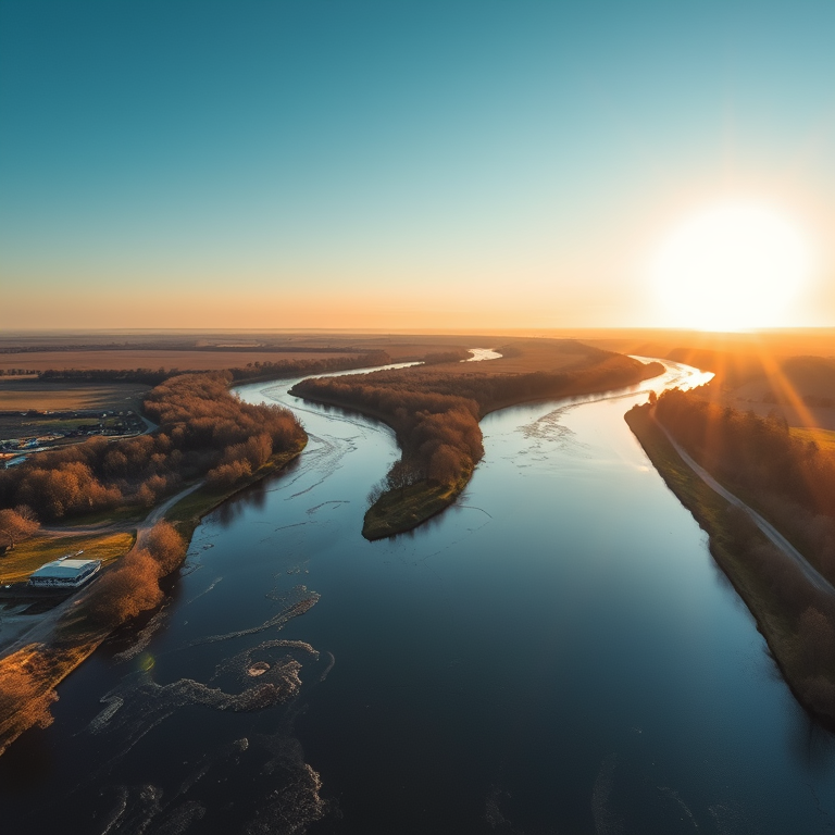 watercolor painting, a drone view of a winding river, during golden hour, with clear blue sky, monochrome black and white, tilt-shift miniature effect, backlit with sun flare, 8K UHD, peaceful and serene