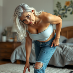realistic photo, a woman, middle-aged, white hair, hazel eyes, light skin, European, curvy body, wearing casual clothes, bending over, topless, in a bedroom, full body shot, masterpiece