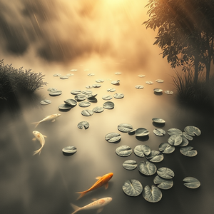 charcoal drawing, a koi pond with lily pads, during a storm, with misty atmosphere, golden warm palette, aerial drone perspective, volumetric light rays, ultra high resolution, melancholic and contemplative