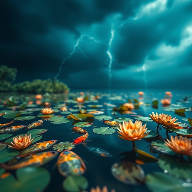 concept art, a koi pond with lily pads, during a storm, with clear blue sky, teal and orange, tilt-shift miniature effect, moody atmospheric lighting, masterpiece quality, peaceful and serene