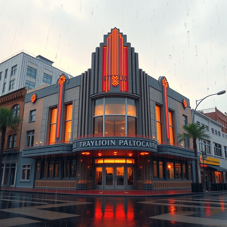 3D render, an art deco building facade, at sunrise, with rain reflections, muted earth tones, telephoto compression, neon glow, sharp focus, whimsical and playful