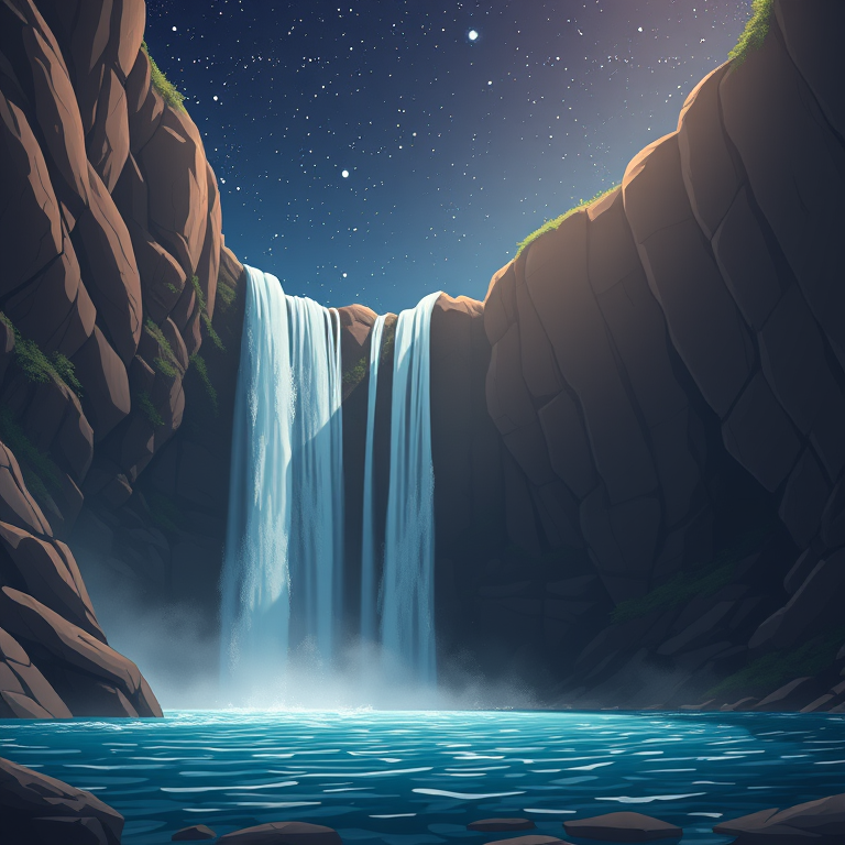 anime style, a waterfall cascading into a pool, at night under stars, with gentle breeze, muted earth tones, low angle dramatic perspective, soft diffused lighting, photorealistic, awe-inspiring and grand
