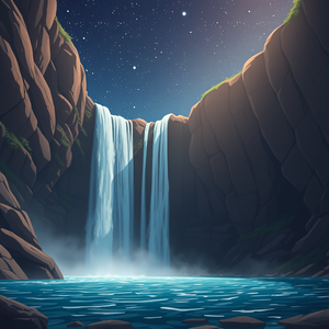 anime style, a waterfall cascading into a pool, at night under stars, with gentle breeze, muted earth tones, low angle dramatic perspective, soft diffused lighting, photorealistic, awe-inspiring and grand