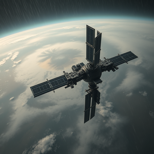 realistic photo, a space station orbiting Earth, during a storm, with rain reflections, muted earth tones, bird eye view, soft diffused lighting, 8K UHD, mysterious and ethereal