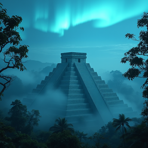 concept art, a Mayan pyramid in jungle, in early morning mist, with aurora in sky, cool blue tones, panoramic view, soft diffused lighting, photorealistic, melancholic and contemplative