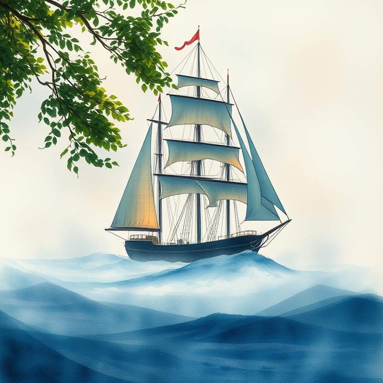 watercolor painting, a sailing ship on stormy seas, in early morning mist, with fog rolling in, deep rich jewel tones, macro extreme close-up, dappled light through trees, photorealistic, whimsical and playful