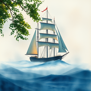 watercolor painting, a sailing ship on stormy seas, in early morning mist, with fog rolling in, deep rich jewel tones, macro extreme close-up, dappled light through trees, photorealistic, whimsical and playful