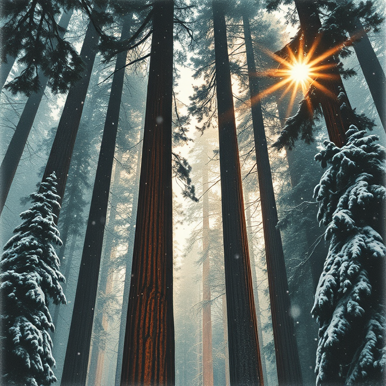 charcoal drawing, a towering redwood forest, at midday, with snow falling, teal and orange, bird eye view, backlit with sun flare, professional photography, dark and moody
