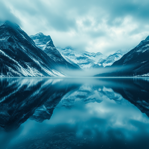 digital art, a serene lake reflecting mountains, during a storm, with snow falling, cool blue tones, close-up detail shot, studio quality lighting, professional photography, awe-inspiring and grand