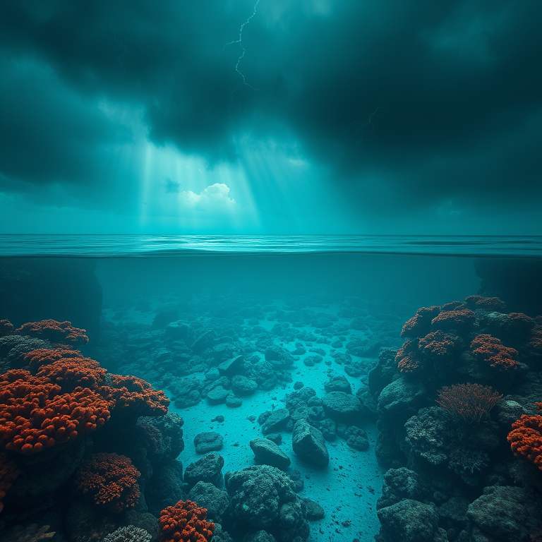 minimalist design, a coral reef underwater scene, during a storm, with rainbow in background, teal and orange, aerial drone perspective, moody atmospheric lighting, 8K UHD, mysterious and ethereal
