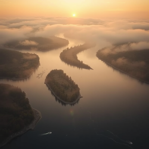 hyper-realistic render, a drone view of a winding river, during golden hour, with fog rolling in, warm tones, wide angle view, soft diffused lighting, photorealistic, melancholic and contemplative
