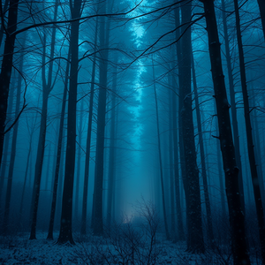 hyper-realistic render, a dense foggy forest, at blue hour, with snow falling, muted earth tones, macro extreme close-up, neon glow, highly detailed, cozy and warm