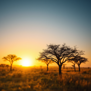 realistic photo, an African savanna with acacia trees, at sunset, with clear blue sky, golden warm palette, tilt-shift miniature effect, dramatic side lighting, ultra high resolution, peaceful and serene