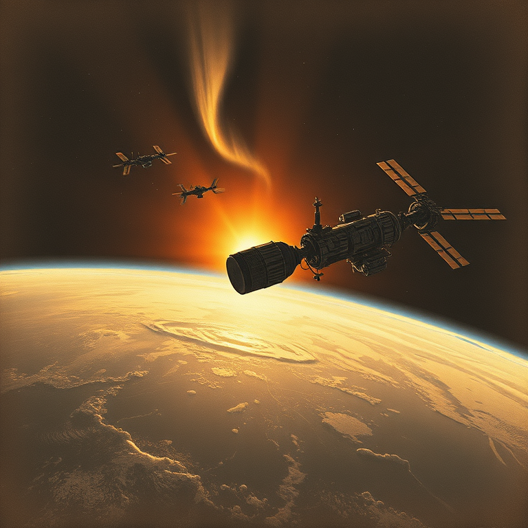 charcoal drawing, a space station orbiting Earth, at sunrise, with aurora in sky, warm tones, panoramic view, soft diffused lighting, photorealistic, melancholic and contemplative