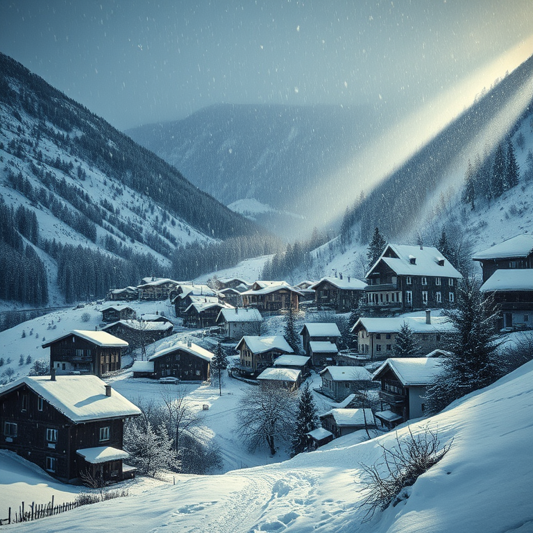 impressionist painting, a snowy alpine village, at midday, with snow falling, high contrast, telephoto compression, volumetric light rays, award-winning composition, dark and moody