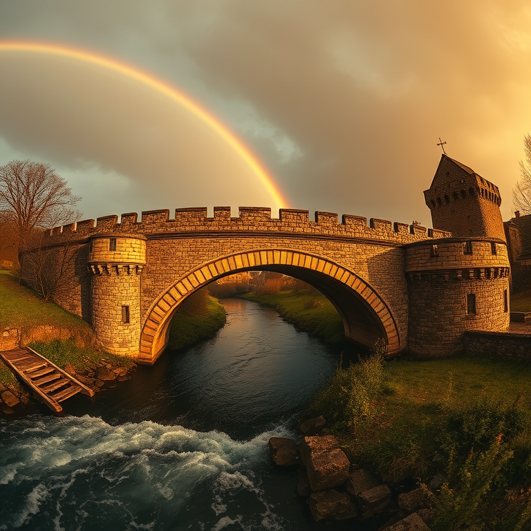 hyper-realistic render, a medieval stone bridge over a river, during a storm, with rainbow in background, golden warm palette, fish-eye lens, natural light, RAW photo, cozy and warm
