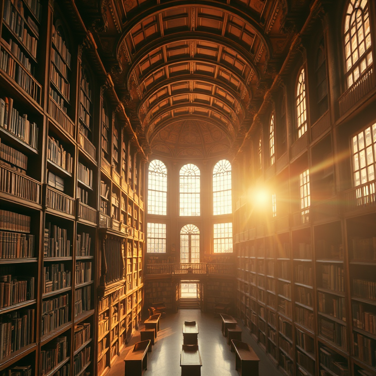 retro vintage photo, a grand library with tall bookshelves, during golden hour, with gentle breeze, high contrast, bird eye view, natural light, highly detailed, romantic and dreamy