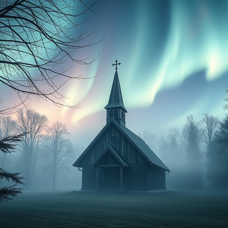 concept art, a Northern European stave church, in early morning mist, with aurora in sky, high contrast, wide angle view, dappled light through trees, photorealistic, melancholic and contemplative